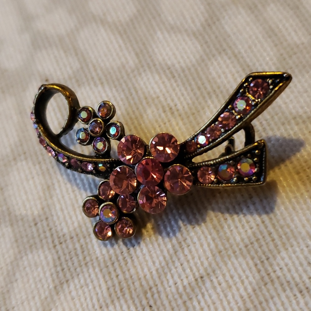 Pink Rhinestone Floral Brooch Pin - Picture 1 of 4
